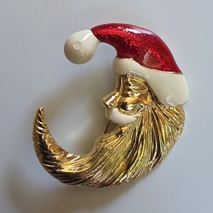 Vintage AAI Festive Gold Tone and Red Santa Brooch